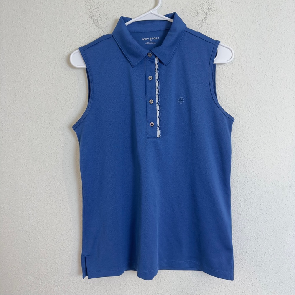 Tory Burch sport tech pique sleeveless ruffle golf tennis polo shirt - Picture 5 of 8